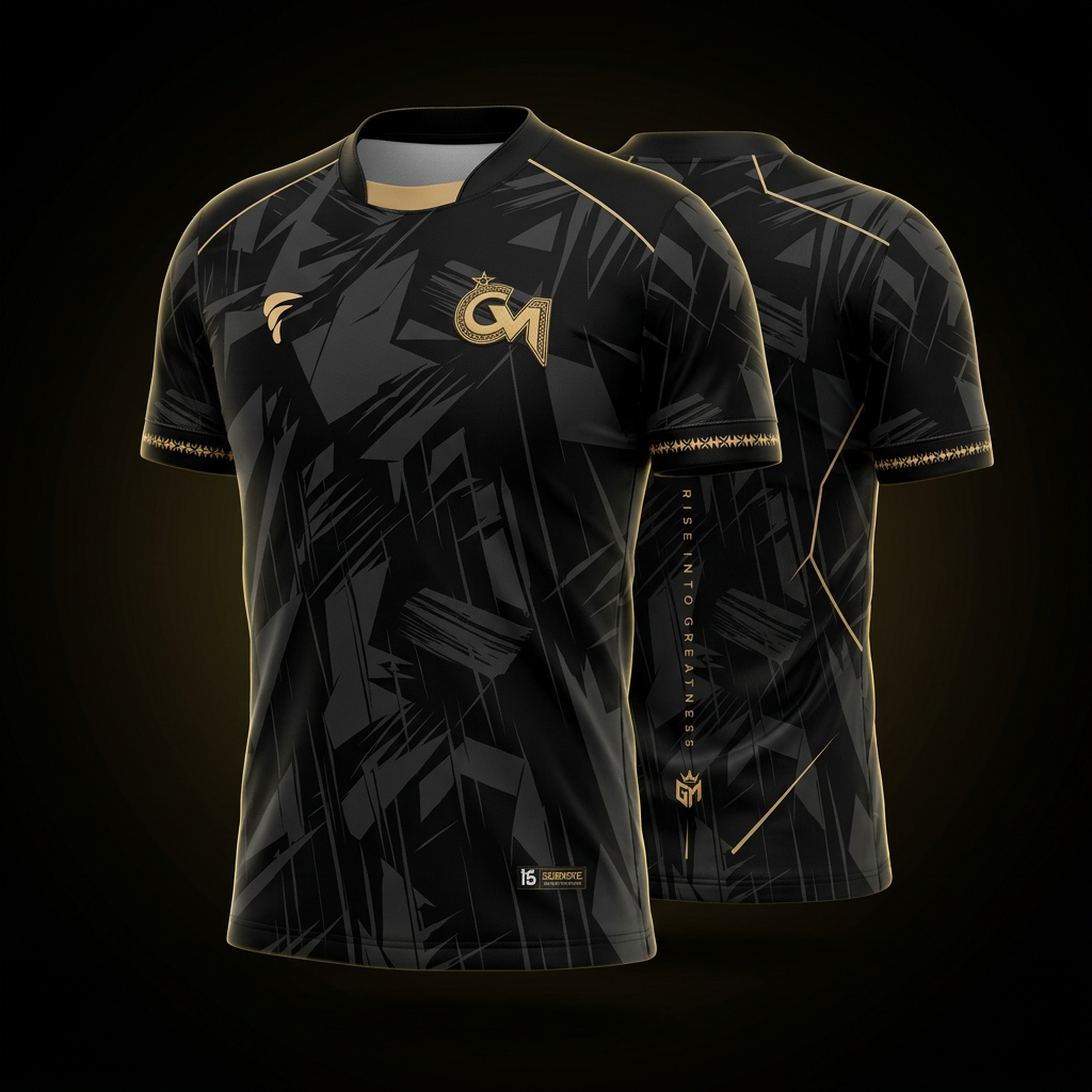 Camiseta oficial da GM Gaming, preta com detalhes dourados